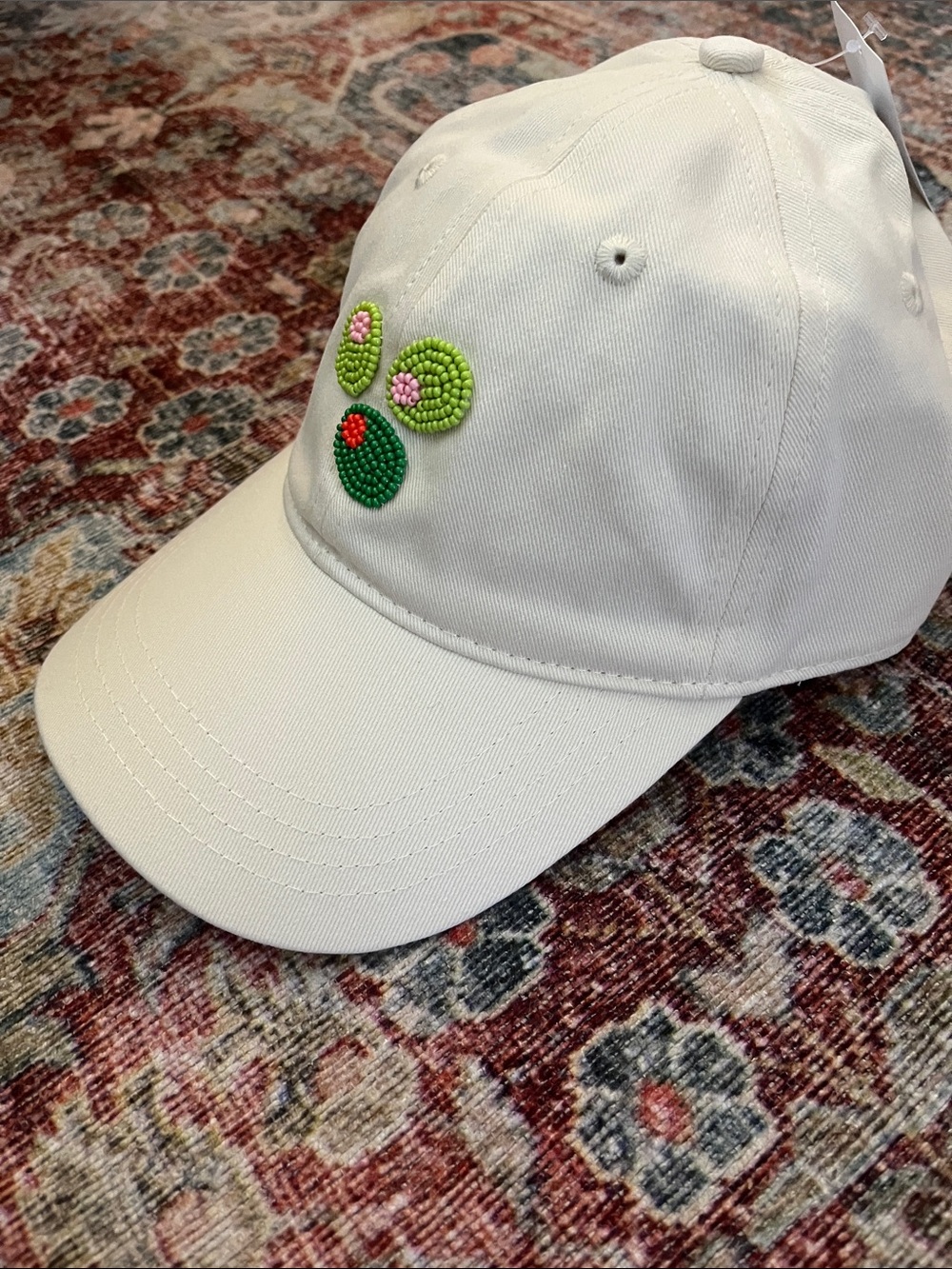 Nordstrom Cream Baseball Cap with Green and Pink Beaded Embellishment Olives - Picture 7 of 8